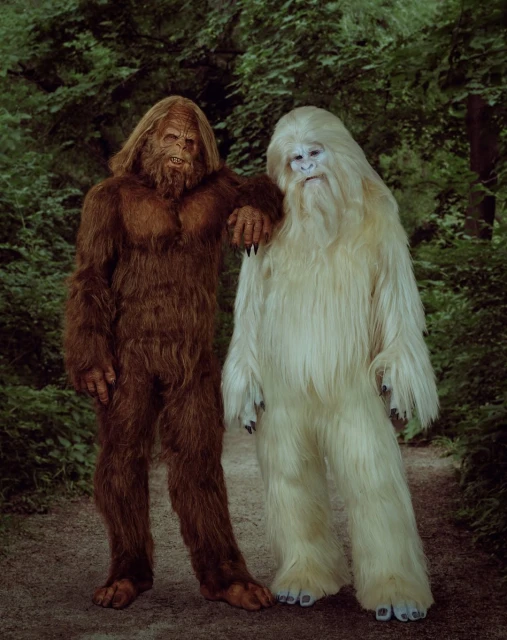 A brown Bigfoot-like creature poses with a white Bigfoot-like creature in a forest environment, capturing a full shot in natural light.